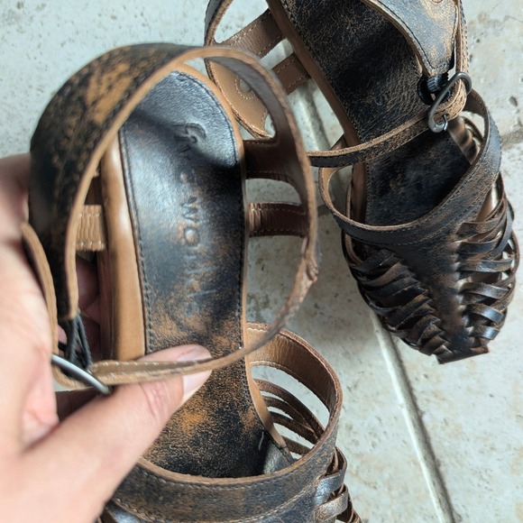 Five Worlds by Cordani Woven Leather Platform Sandals Brown Wood Heel Womens 7 - Picture 5 of 8